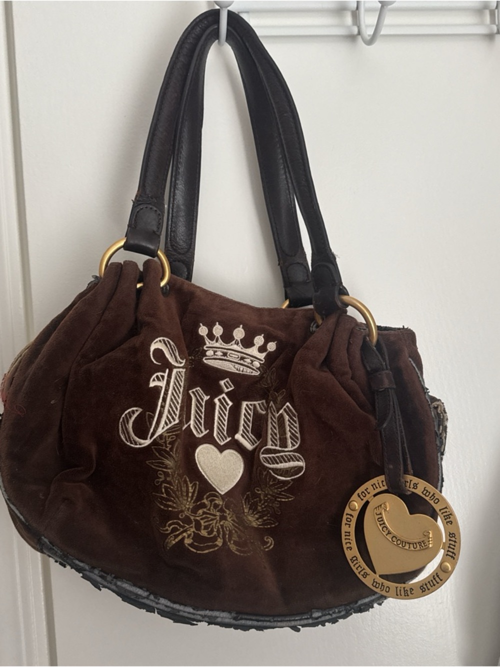 Juicy Couture Brown Suede Logo Shoulder Bag with Gold Charm